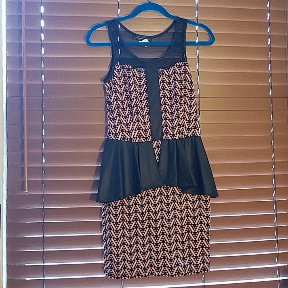 Pink and Black Poplin Pleather Geometric Dress